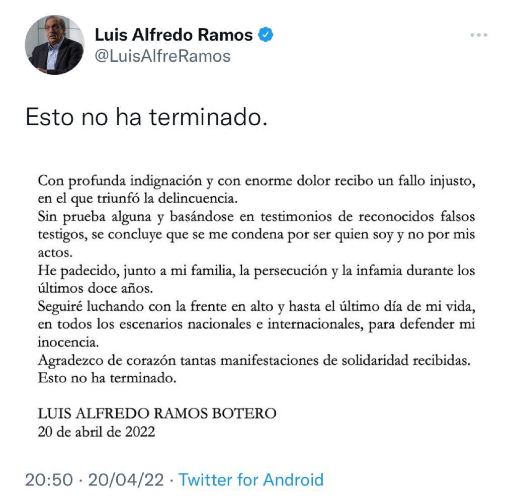 Confirmada condena contra Luis Alfredo Ramos