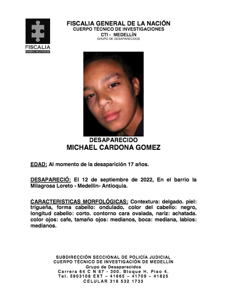 Michael Cardona Gómez está desaparecido en el barrio La Milagrosa de Medellín 1 Michael Cardona