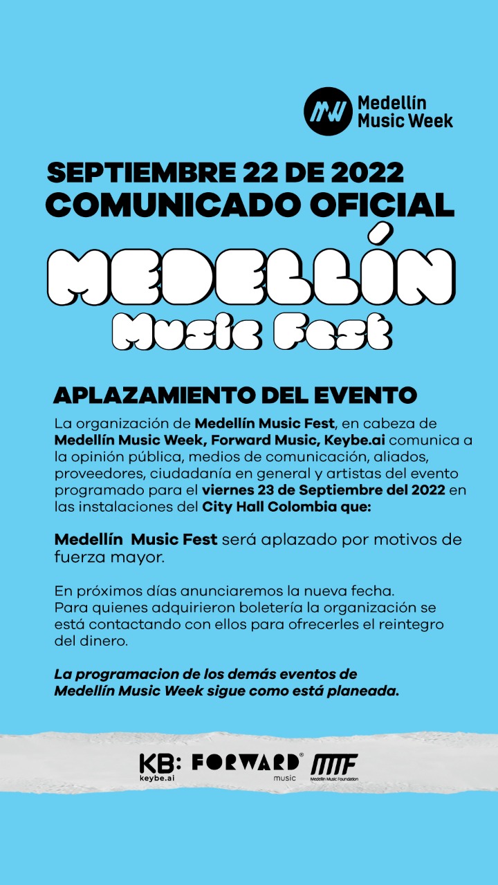 Aplazan concierto de este viernes del Medellín Music Fest 1 WhatsApp Image 2022 09 22 at 6.56.05 PM