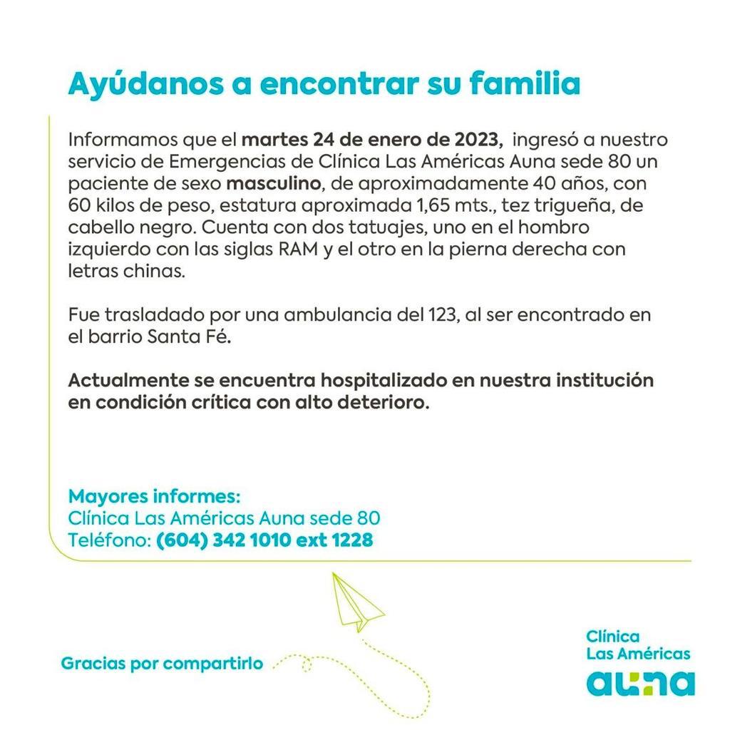 Un hombre encontrado en el barrio Santa Fé se encuentra hospitalizado y busca a su familia 1 WhatsApp Image 2023 01 30 at 3.00.52 PM 1