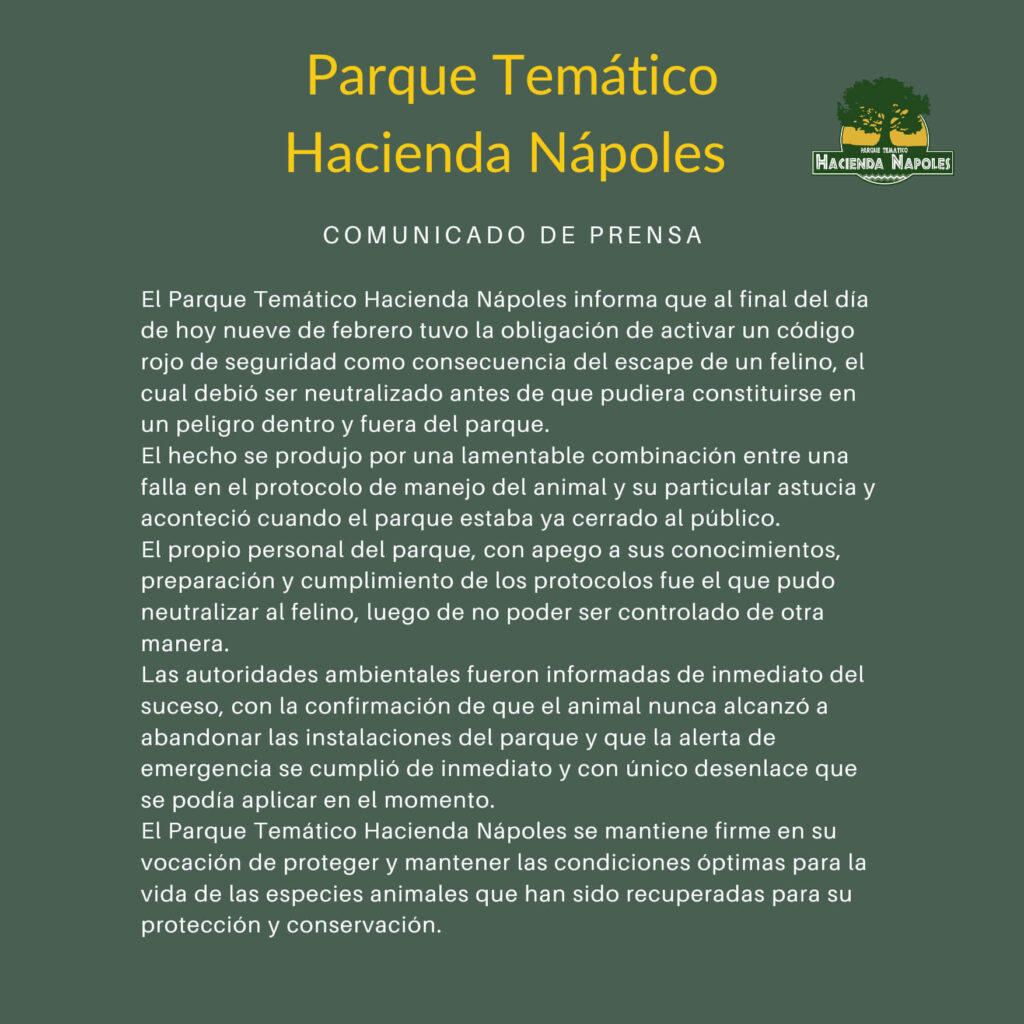 tigre que escapó de la Hacienda Nápoles en Antioquia