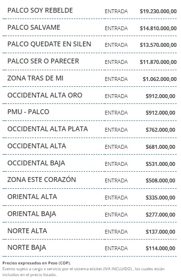 precio boletas rbd rebelde medellin