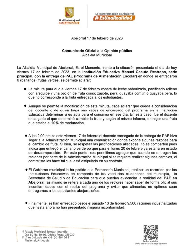 Polémica por raciones del PAE en Abejorral 2 comunicado Alcaldia abejorral