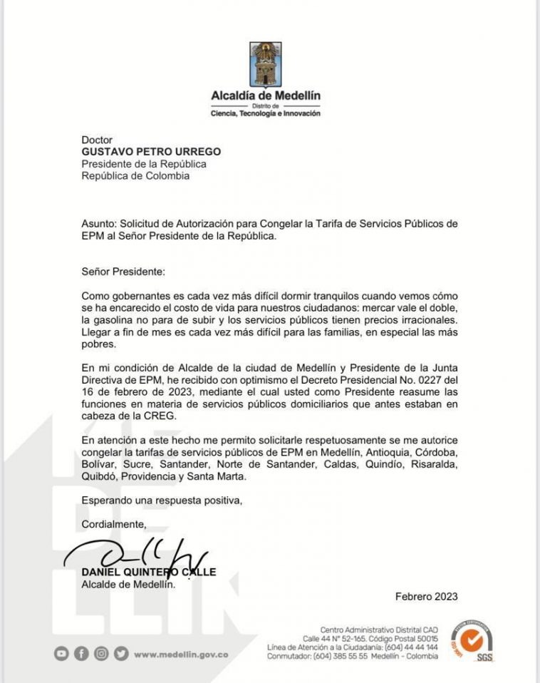 Alcalde de Medellín solicitó al presidente congelar tarifas de servicios públicos 1 Carta del Alcalde de Medeín al Presidente de Colombia para congelar tarifa de servicios públicos EPM
