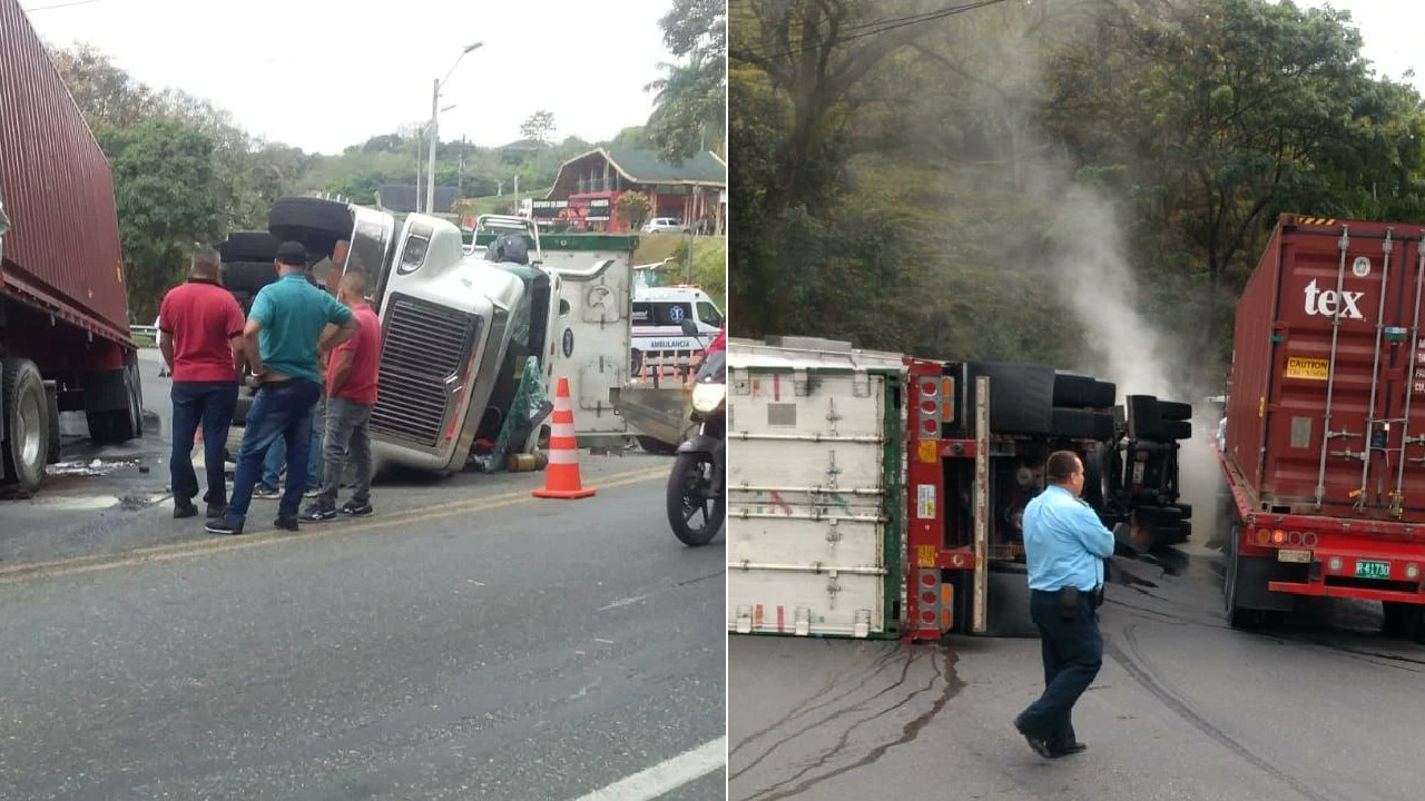Tractocamión pierde el control y se vuelca en Donmatías tractocamion volcamiento donmatias