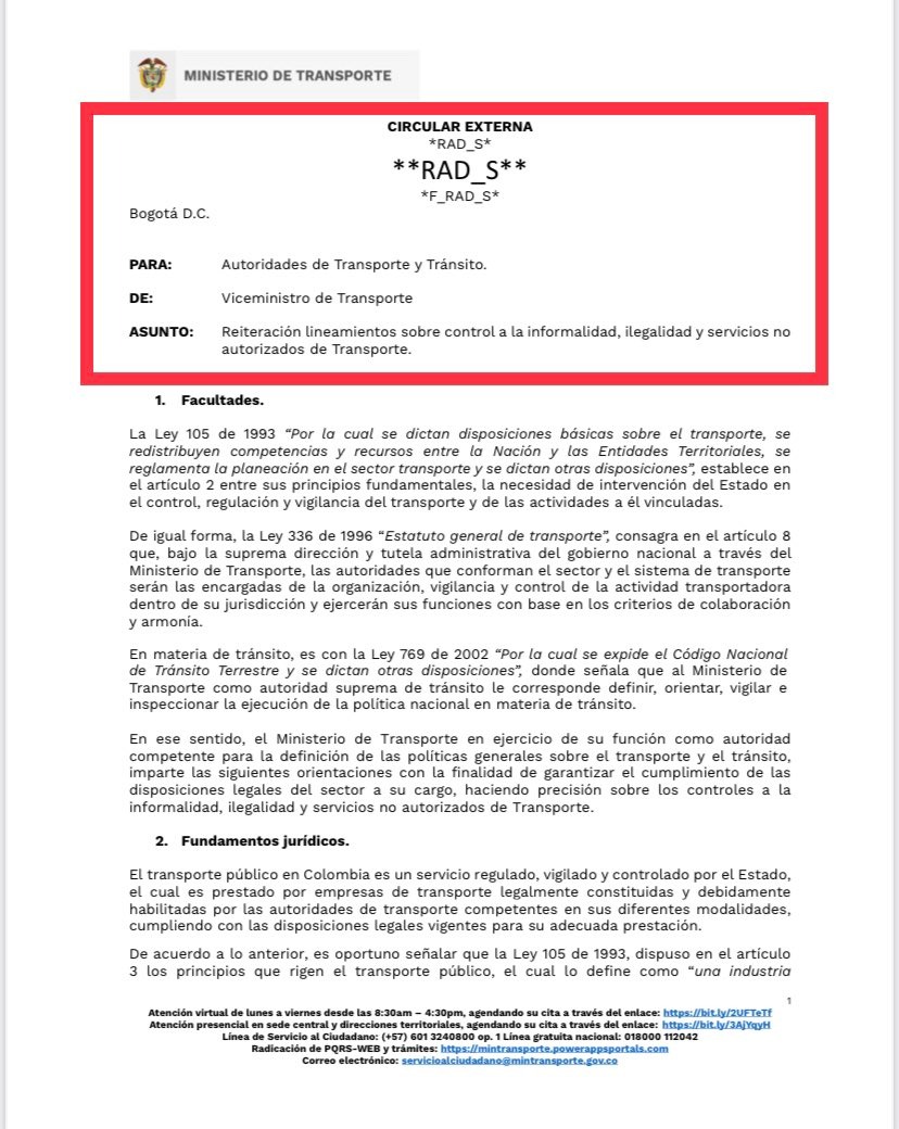 Viceministerio de Transporte emitió circular sobre sanciones a quienes presten servicio en carro particular 1 Circular del viceministerio de Transporte sobre UberCircular del viceministerio de Transporte