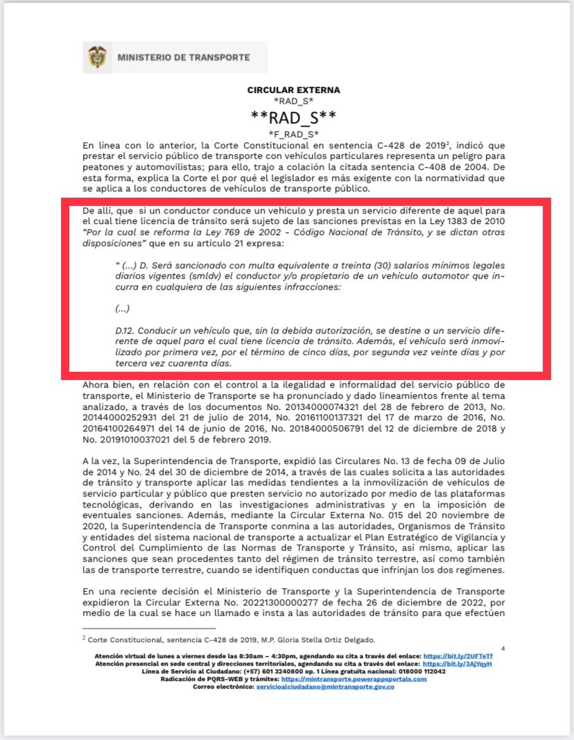 Viceministerio de Transporte emitió circular sobre sanciones a quienes presten servicio en carro particular 2 Circular del viceministerio de Transporte