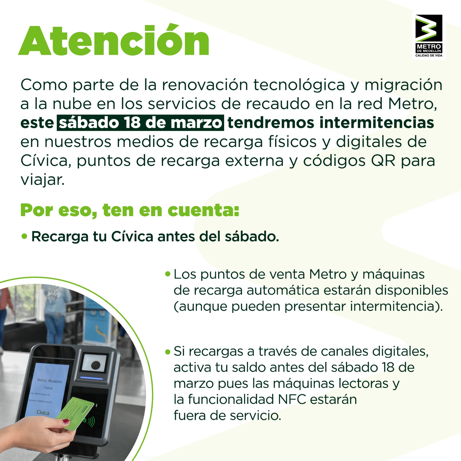 El Metro presentará intermitencias en sus medios de recarga el sábado 18 de marzo 1 WhatsApp Image 2023 03 14 at 9.53.38 AM