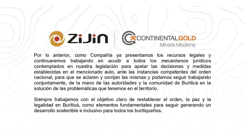 Empresa minera de Buriticá manifiesta no estar de acuerdo con las decisiones tomadas por juez 2 image001
