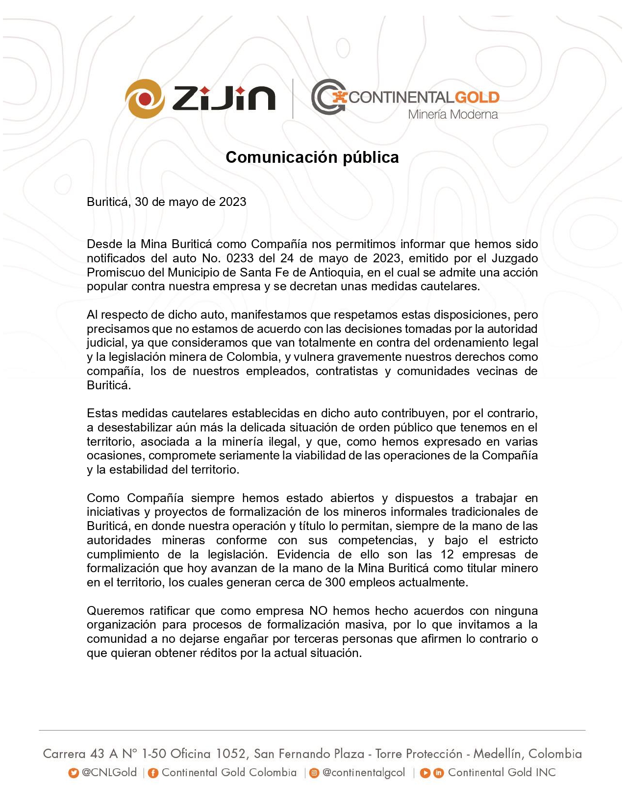 Empresa minera de Buriticá manifiesta no estar de acuerdo con las decisiones tomadas por juez 1 image002