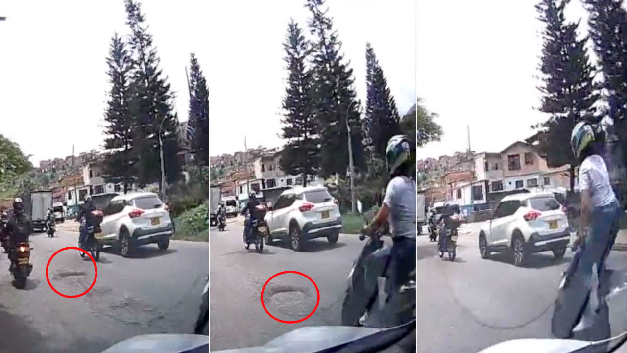 Mujer se accidentó en su moto por haber caído en un hueco en Medellín hueco en Medellín-mujer-moto