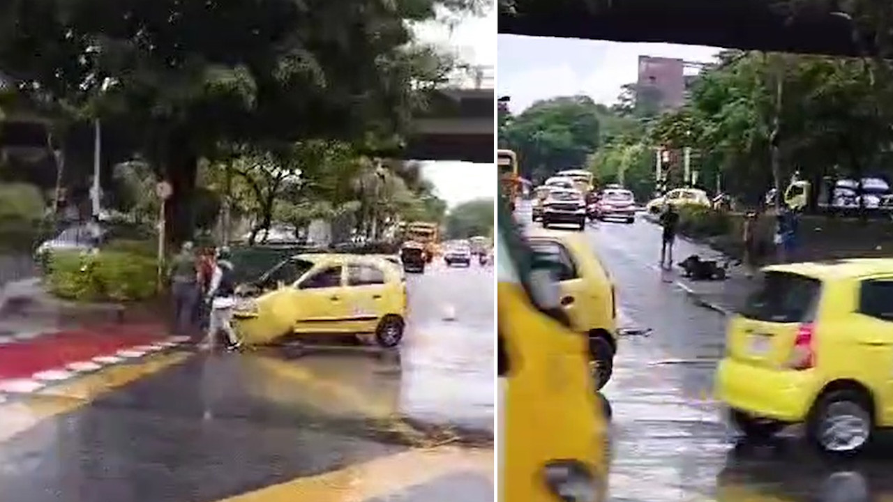 Fuerte choque entre un taxi y una moto en la avenida Las Vegas de Medellín