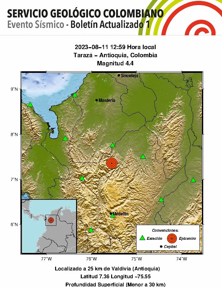 Temblor este viernes 11 de agosto se registró en Antioquia 1 Temblor Magnitud 4.4 Tarazá - Antioquia, Colombia. Servicio Geológico Colombiano