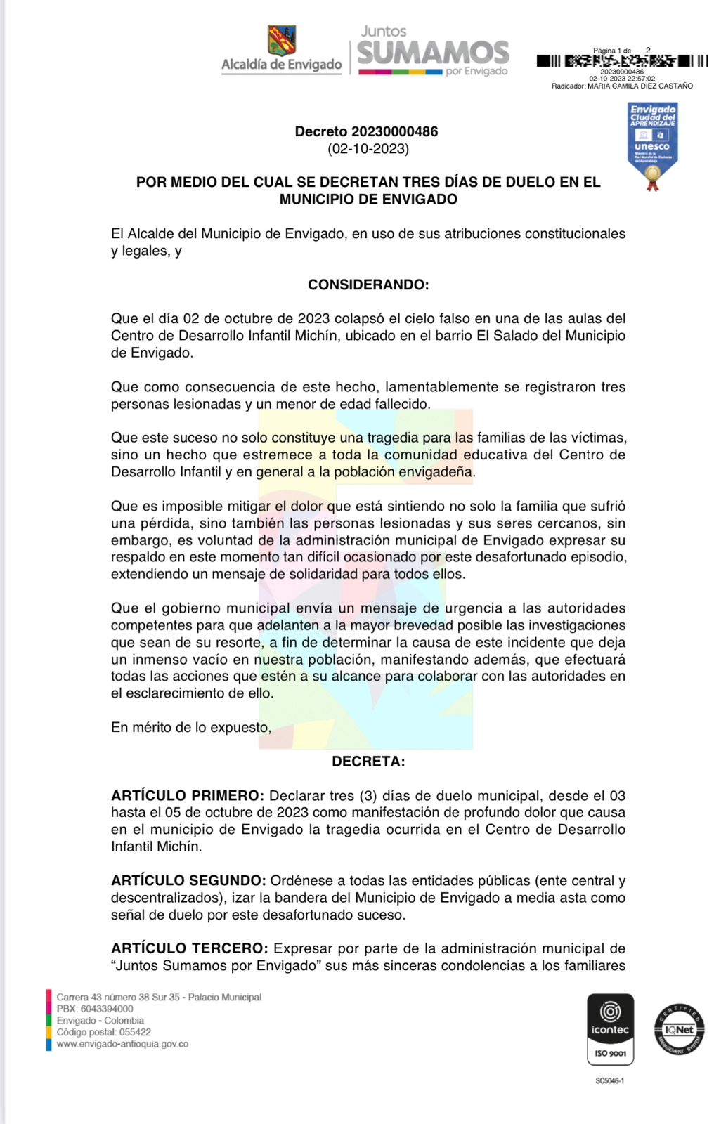 Tres días de duelo por la muerte del niño de tres años en guardería de Envigado 1 WhatsApp Image 2023 10 02 at 11.53.30 PM