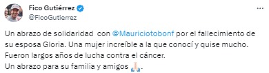 Dolorosa partida: fallece Gloria Elena Rodríguez, esposa de Mauricio Tobón, excandidato a la Gobernación de Antioquia 4 trino-fico-mauricio-tobon-esposa-gloria