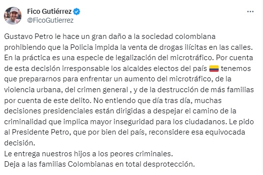Gobernantes electos en Medellín y Antioquia, cuestionan permisividad en porte de drogas en espacios públicos 1 X federico