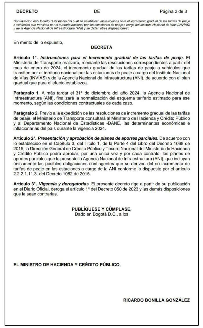 Gobierno Nacional presentó el borrador del decreto que aumentaría el precio de los peajes dos veces en el 2024 2 decreto aumento peajes 2024 l