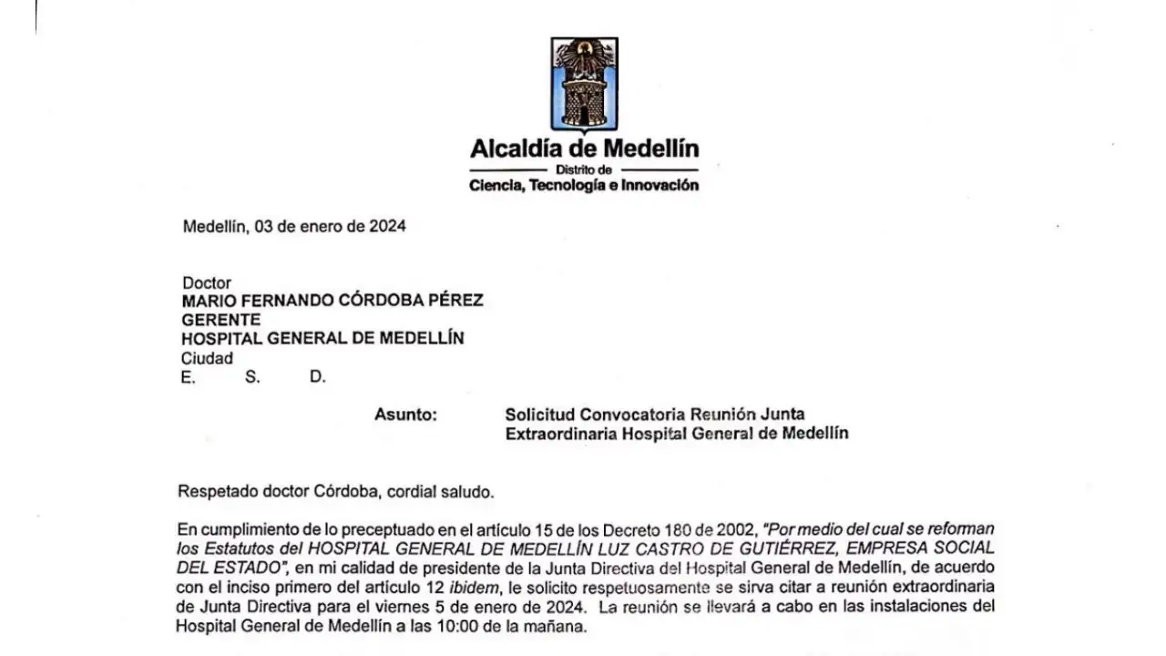 Alcalde de Medellín cita junta urgente del Hospital General Guadalupe