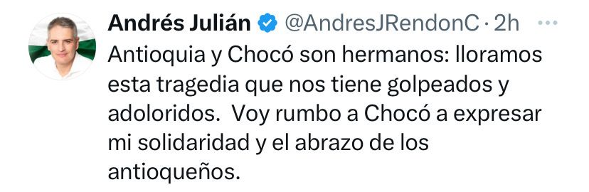 Tweet del Gobernador de antioquia que viajó a chocoó