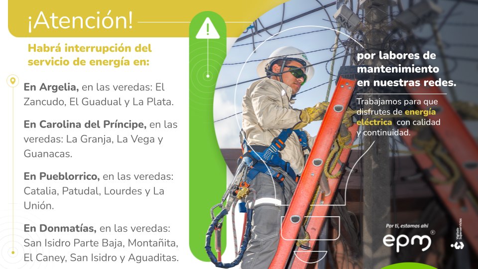 Habrá interrupción de energía en Tarso, Argelia, Carolina del Príncipe, Pueblorrico y Donmatías 2 GG3NN2gWMAA0i