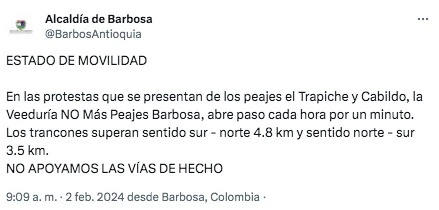 peajes cierra vial barbora