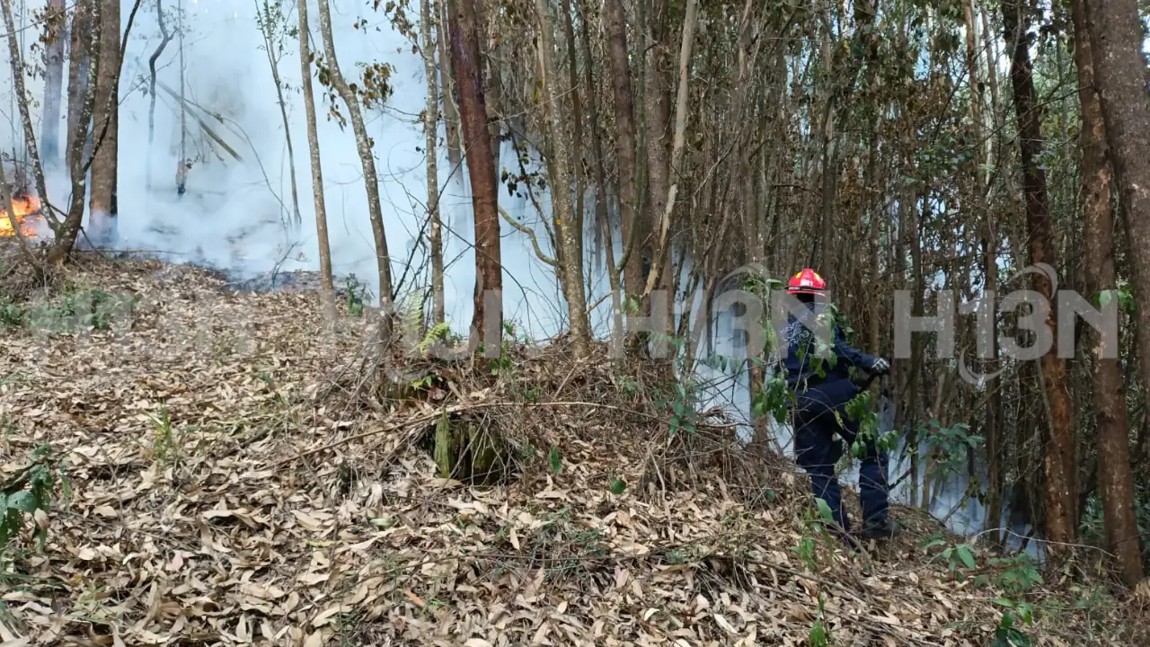Bomberos de Envigado aun continuan las labores para controlar un incendio forestal que inicio la noche del sabado