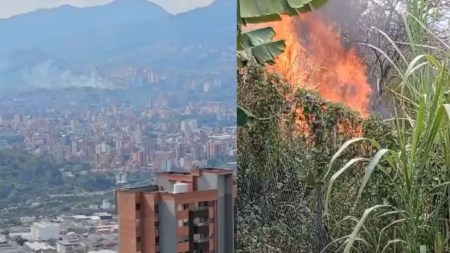 Bomberos de Medellín intentan apagar un incendio forestal en Calasanz