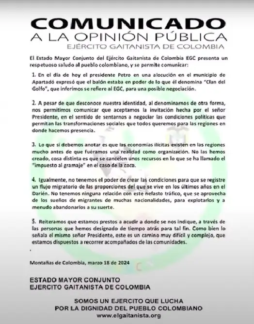 “Aceptamos la invitación hecha por el señor Presidente”: EGC para negociaciones del Proceso de Paz 1 comunicado-egc-colombia
