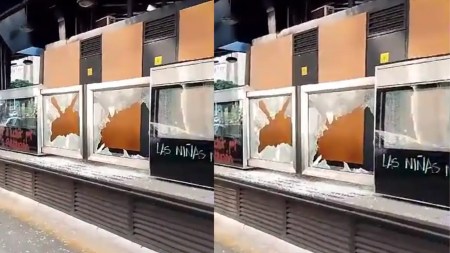 Daños en estación de Metroplus durante marcha por el 8 de M en Medellín marcha-