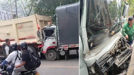Conductor-quedo-atrapado-tras-choque-entre-una-volqueta-y-un-camion-en-Girardota