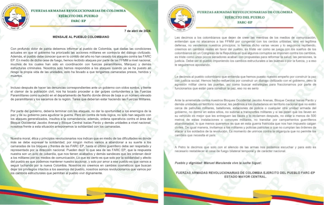 “No estén cerca de patrullas militares”: alerta por llamado de las FARC-EP 1 comunicado