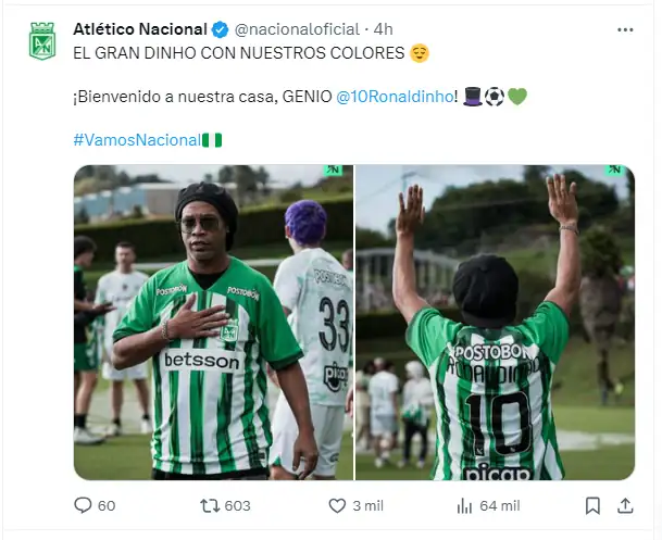 ¡Dinho se viste de verde! La leyenda brasileña enamora a la hinchada de Atlético Nacional