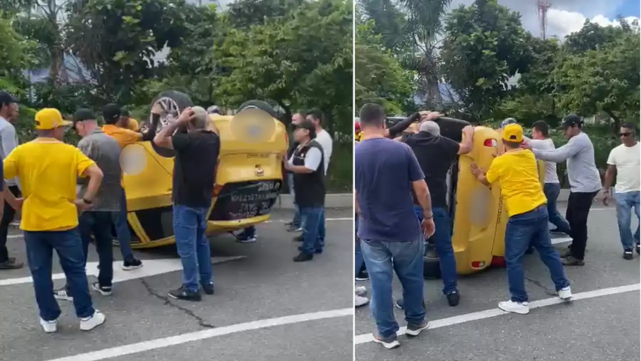 Taxi-termina-volcado-en-Parques-del-Rio-durante-manifestacion