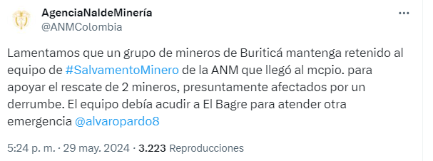 La Agencia Nacional de Minería asegura que mineros tendrían retenidos a un equipo de rescate en Buriticá