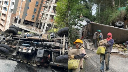 Vía cerrada en Sabaneta: camión que transportaba cemento se volcó en la Loma San José camion que transportaba cemento se volco en la Loma San Jose
