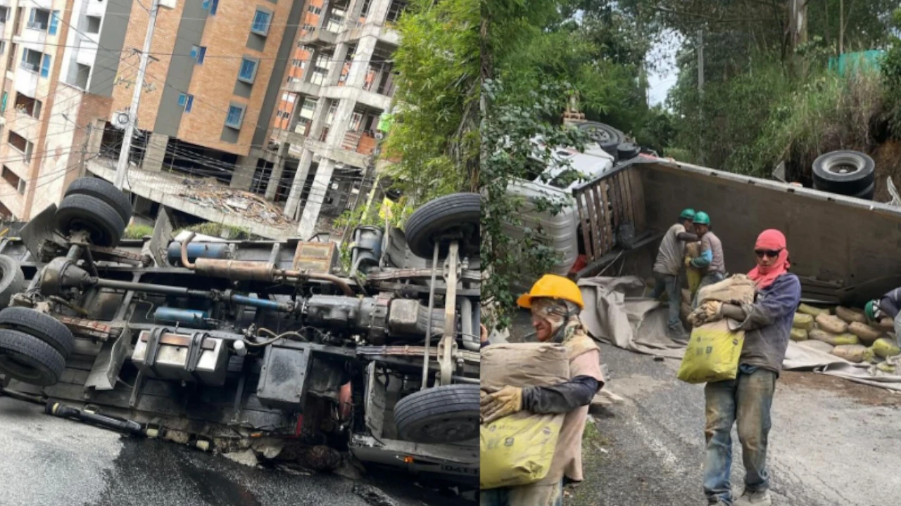 camion que transportaba cemento se volco en la Loma San Jose
