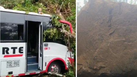 ¡Impresionante! Gigantesca piedra cayó sobre la vía Medellín – Bogotá, un bus logró esquivarla