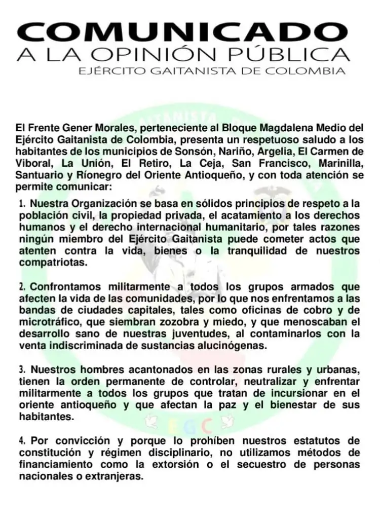 Alerta en el Oriente antioqueño y el Magdalena Medio por supuesto panfleto del Clan del Golfo 1 PANFLETO 1