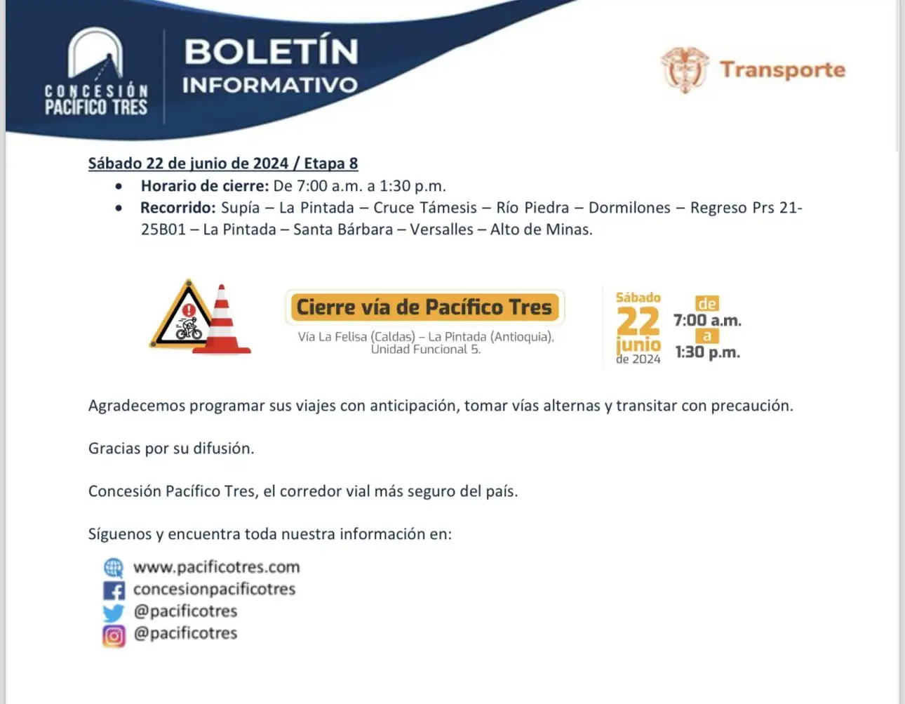 ¡A tener en cuenta! Este fin de semana del 22 y 23 de junio habrá cierres viales en Antioquia por la Vuelta a Colombia 2024 1 cierres antioquia