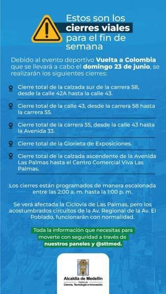 ¡A tener en cuenta! Este fin de semana del 22 y 23 de junio habrá cierres viales en Antioquia por la Vuelta a Colombia 2024 2 cierres medellín