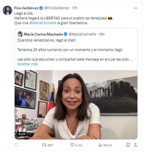‘Fico’ Gutiérrez y Andrés Julián Rendón apoyan elecciones en Venezuela: 'Llegó el día de la Libertad'