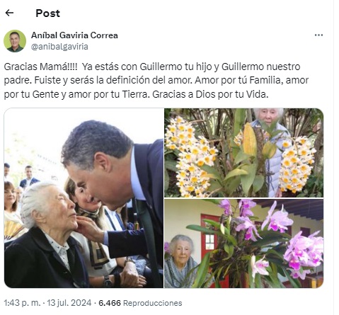 Falleció Adela Correa de Gaviria, mamá del exgobernador Aníbal Gaviria