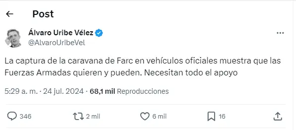 El expresidente Uribe se pronuncia sobre la captura de guerrilleros en vehículos de la UNP