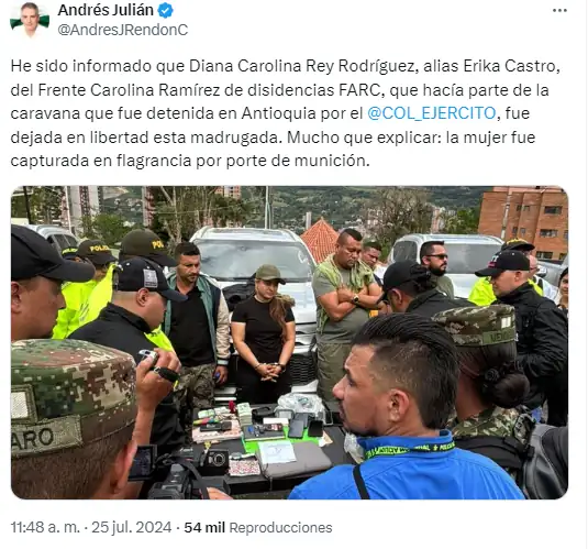 Liberan a alias ‘Erika’, la mujer que andaba con oro y armada en la caravana de la UNP que transportaba guerrilleros en Antioquia