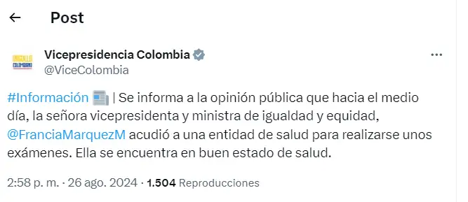 La vicepresidenta Francia Márquez fue hospitalizada