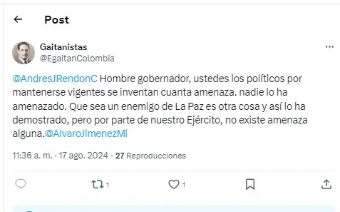 Gaitanistas niegan amenazas al gobernador de Antioquia Andrés Julián Rendón 