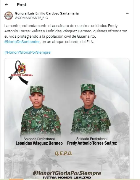 Dos soldados fueron asesinados por el ELN en Norte de Santander 