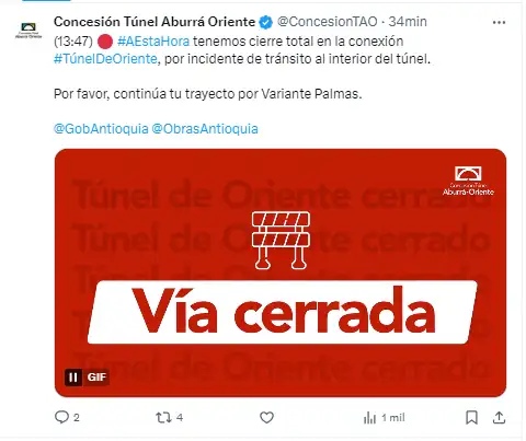 Por accidente de tránsito hay cierre total del Túnel de Oriente