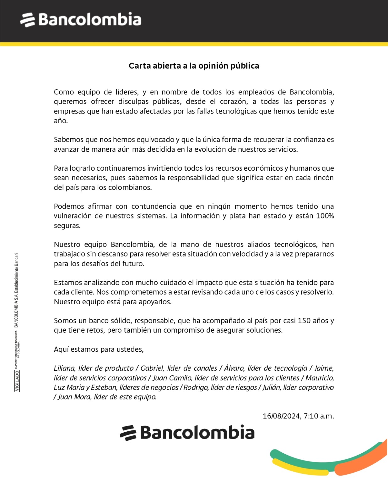 carta bancolombia disculpas