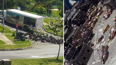 Camión pierde carga de cerveza en accidente vial en Medellín